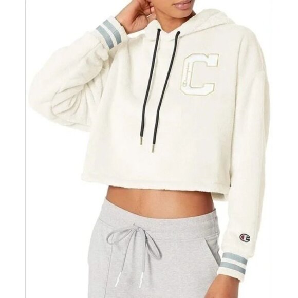 Champion Super Fleece Faux Fur Cropped Pullover Hoodie Small Gold‎ Fuzzy - Picture 13 of 13